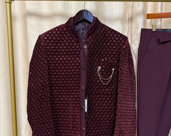 Indowestern Mens Maroon Burgundy Kurta Sherwani Suit Set
