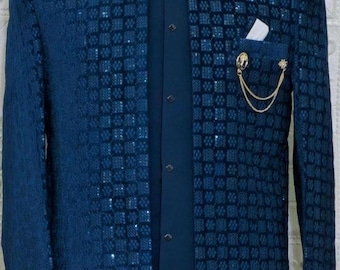 Mens Indo Western Teal Blue 3pc Kurta  Sherwani suit set