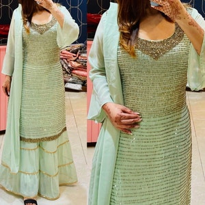Mint Green Sharara Gold Sequin Embroidery