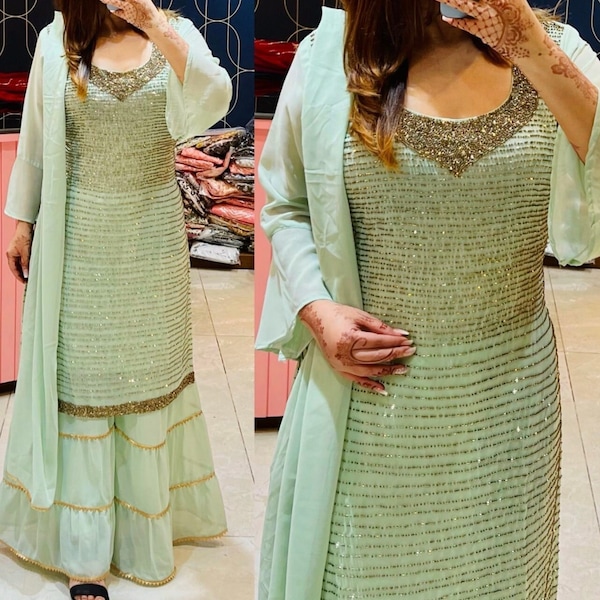Rani Pink Sharara Model Suit Golden Hand Work - Etsy