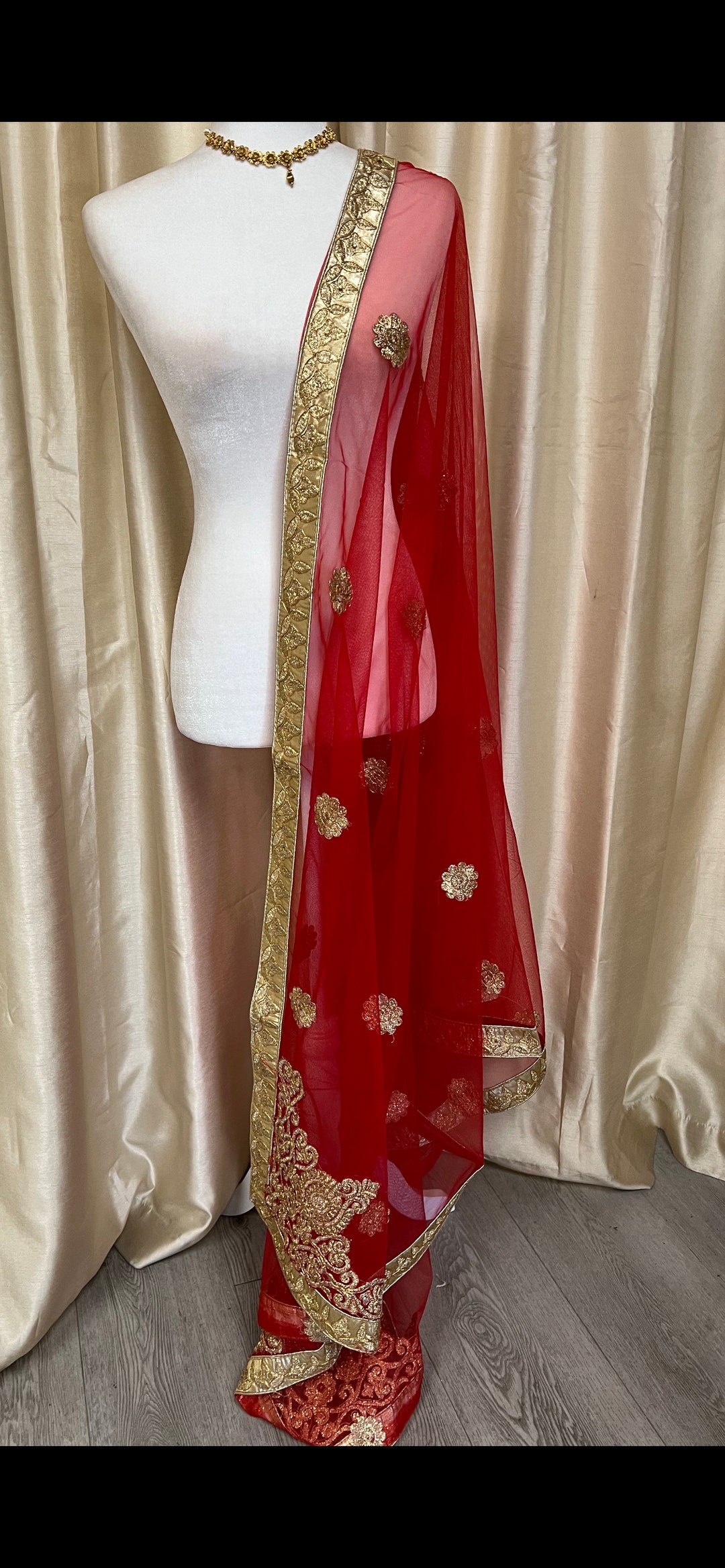 Red Net Dupatta Gold Border - Etsy