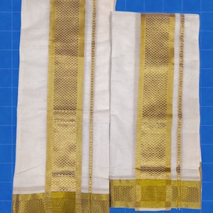 Traditionelle Kerala karierte goldene Borte Baumwolle Set Mundu