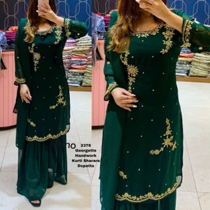 Dark green Jorjet Sharara Model Suit Golden hand work