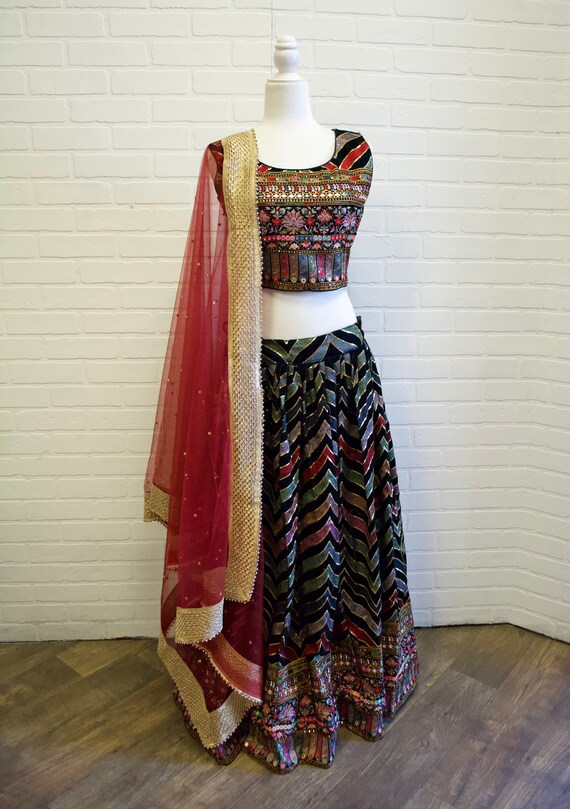 Multi-color Lehenga Navy Blue Red Gold 