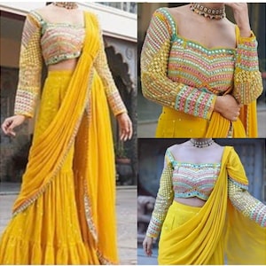 Yellow Indo-western Palazzo Pant Sharara Set Multi-Color Sequin Blouse Pant Saree Gharara