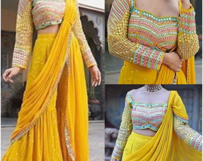 Multitone Blue Indo-Western Peplum Sharara Suit main image 1