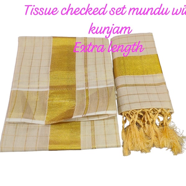 Traditional Kerala golden Tissue checked set Mundu