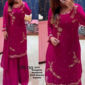 Rani pink Sharara Model Suit Golden hand work