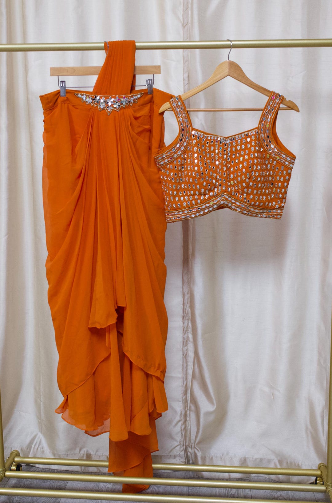 Rust Orange Embellished Dhothi Skirt Saree Set Indowestern Outfit - Etsy