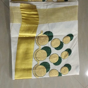 Indisches Onam Traditionelles Baumwoll-Set Saree (Grün, Blau und Kastanienbraun)