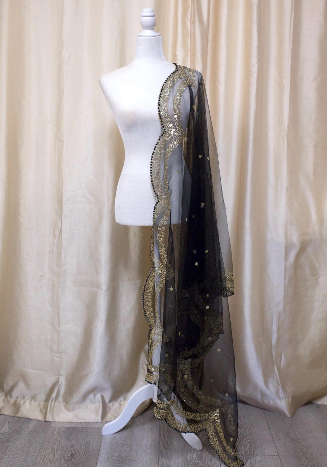 Black Sequinned Net Dupatta main image 1