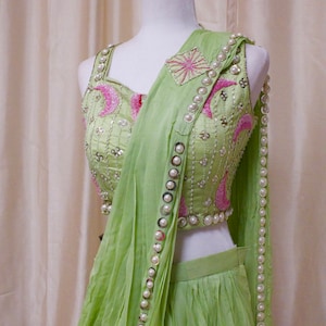 Pant Saree Lime Green Pink Floral Embroidery Pearl Work Readymade Prestitched Saree Sari