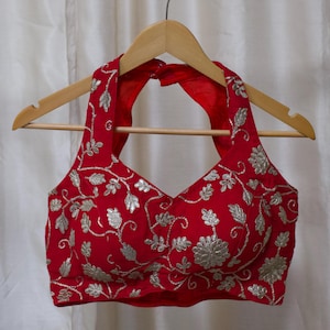 Red and Dull Gold Thread Work Choli Halter Blouse