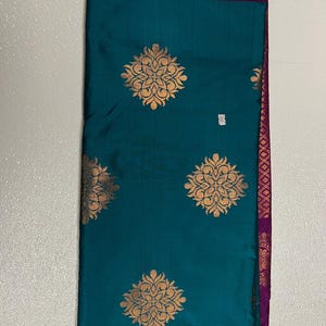 Indian Soft Semi Silk Saree with stitched blouse ( peacock Green/ Purple Combo color)