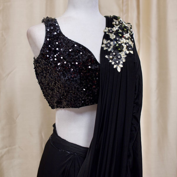 Ruffle Skirt Saree Sequin Blouse Pre-stitched Black