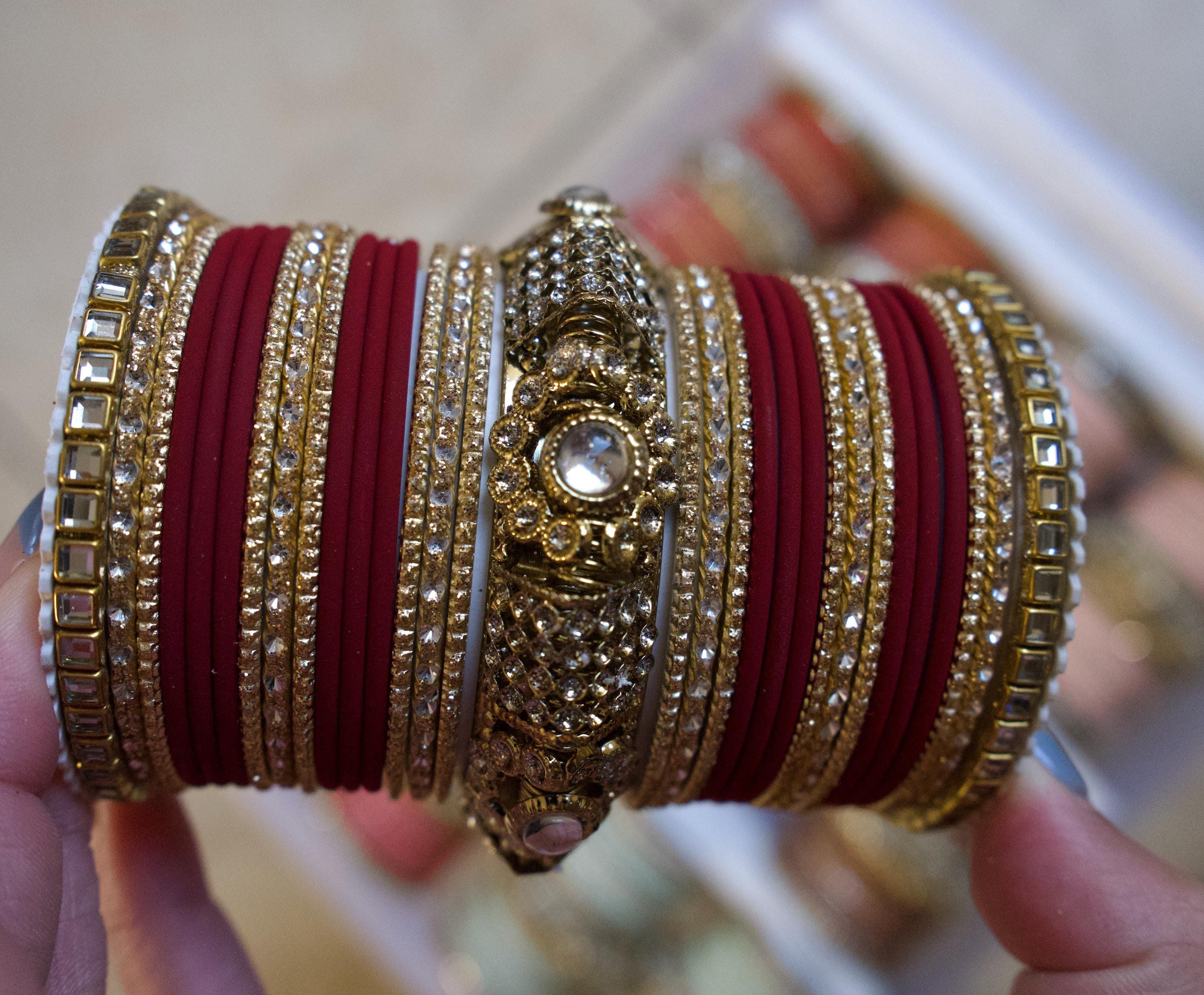 Indian Pakistani Bangle One Set Chudiyan Maroon Burgundy and Gold