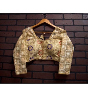 Indian Saree Choli Lehenga Blouse Golden Beige Long Sleeve