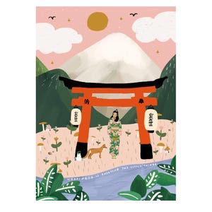Könnte beinhalten: Eine farbenfrohe Illustration einer japanischen Szene mit einem roten Torii-Tor, einer Frau im Kimono und dem Fuji-Berg. Der Text "Happiness is enjoying the little things" ist enthalten.