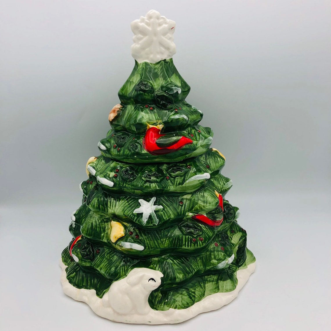Vintage 80's Ceramic Christmas Tree Cookie Jar With Woodland Animals