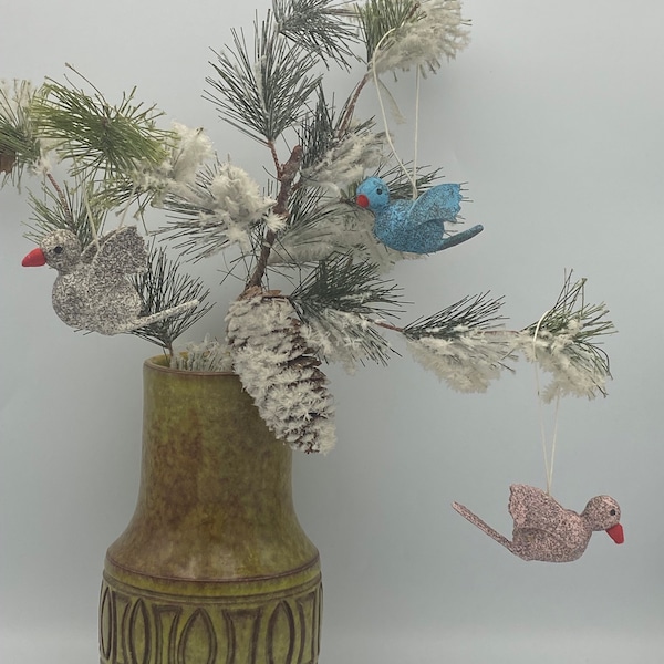 Set Of 3 Rare Vintage Spun Cotton And Cardboard Bird Ornaments
