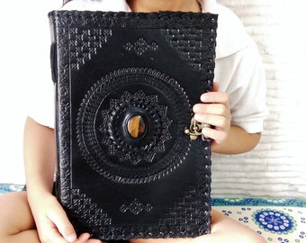 Large Leather Journal with Lock, Embossed Handmade Leather Grimoire Diaries, Spell Book