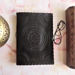 Large Embossed Black Leather Journal with Thread, Book Of Shadows, Spell Book