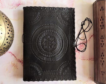 Large Embossed Black Leather Journal with Thread, Book Of Shadows, Spell Book