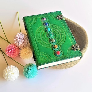 10x7 Leather Journal Lock, Green Journal with 7 Stones, Grimoire Leather Notebook