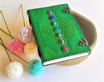 10x7 Leather Journal Lock, Green Journal with 7 Stones, Grimoire Leather Notebook