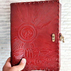 Large Rising Sun Embossed Leather Journal with Lock, Leather Grimoire Journal Notebook
