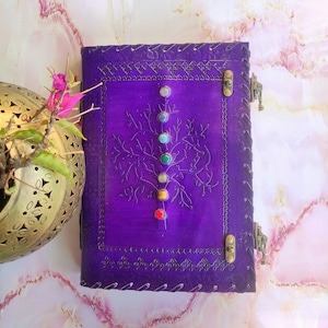 10x7 Purple Leather Journal Lock, Tree Of Life Journal with Crystal