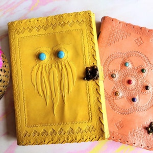 Handmade Leather Journal with Crystal, Grimoire Binder Leather