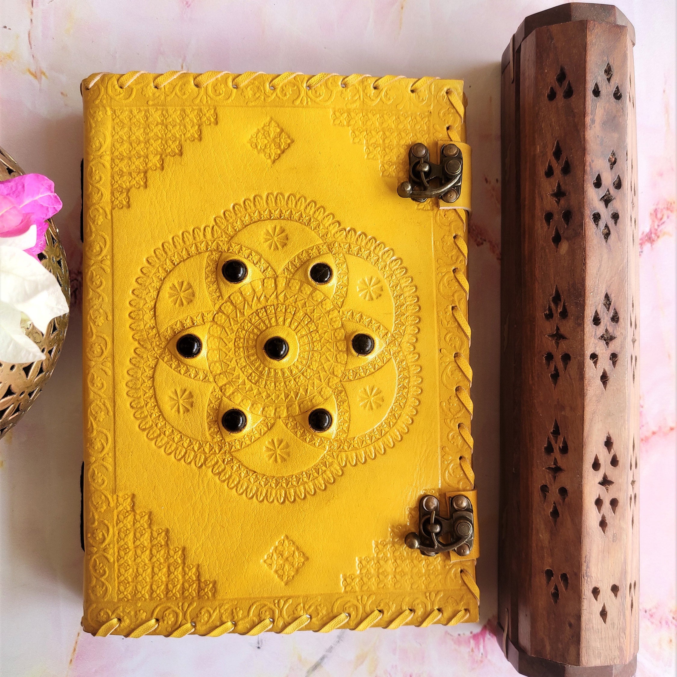 10x7 Leather Journal Lock Purple Journal with Crystal Yellow - Etsy España