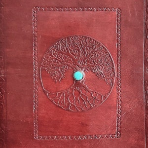 Large Tree Embossed Handmade Leather Journal with Stone, Spell Book, Grimoire Journal Notebook