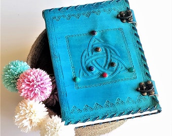 10x7 Leather Journal with Lock, Blue Leather Journal with Crystal, 7 Stone Journal