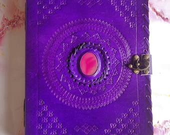 Diario de cuero morado de 10 x 7 con cristal, diario grande de 200 páginas con candado