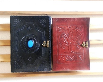 Pack Of 2 Large Spell Embossed Leather Journals with Lock, Stone Grimoire Journals with Lock