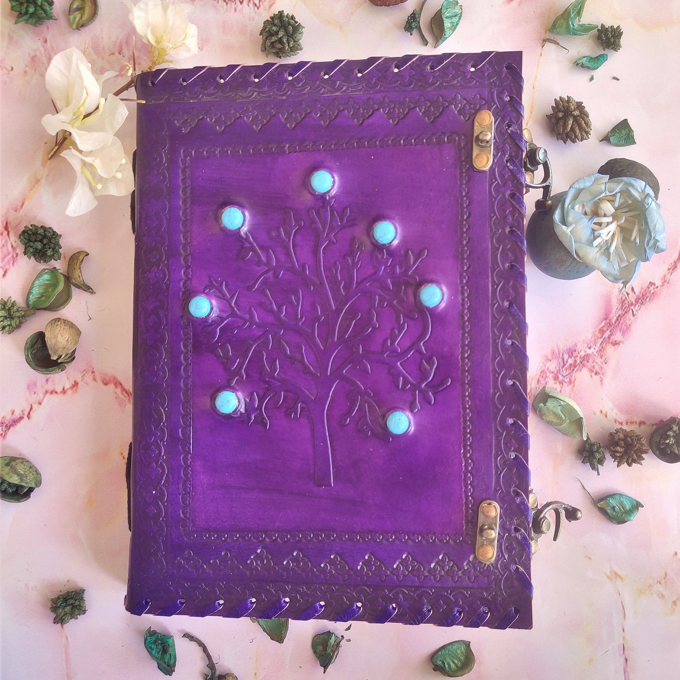 Large Seven Stone Journal With Lock Tree Embossed Leather Etsy