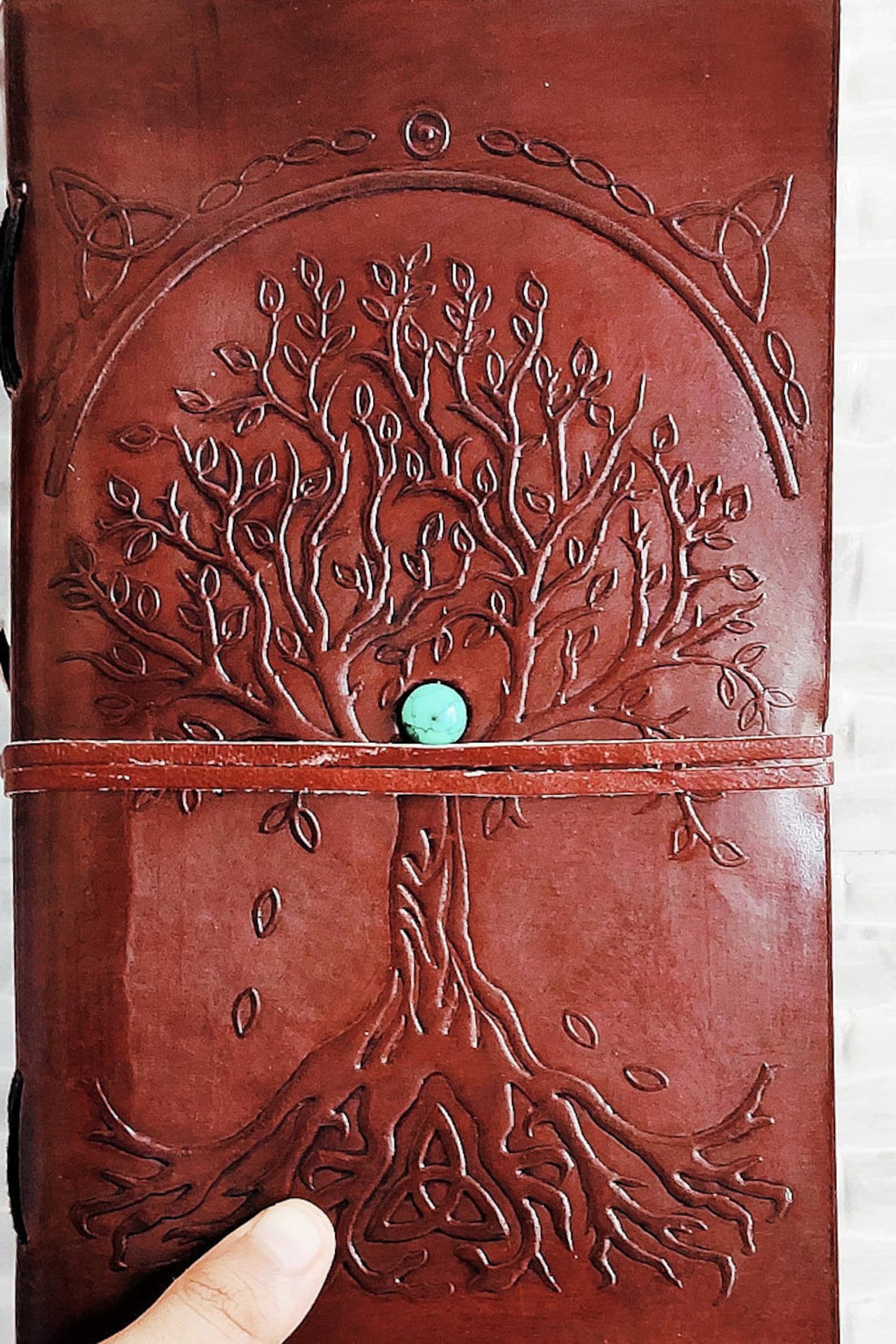 Embossed Tree Leather Journal With Stone Grimoire Journal Etsy