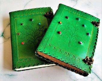 10 Inch Leather Journal Tree Of Life, Rustic Paper Journal with Lock, 7 Stone Journal, Pack of 2