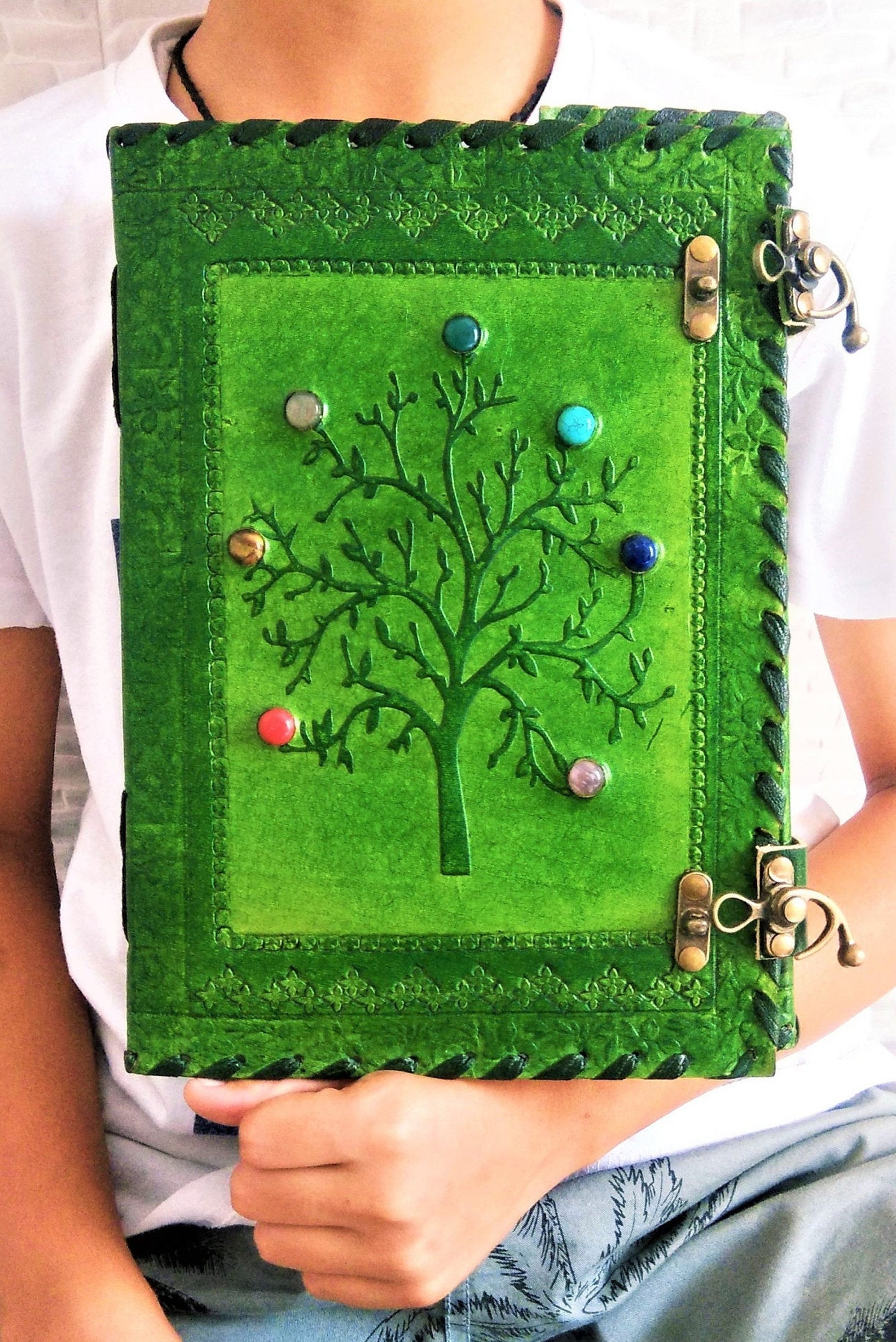 Large 7 Stone Tree Leather Journal With Lock Grimoire Journal Etsy India