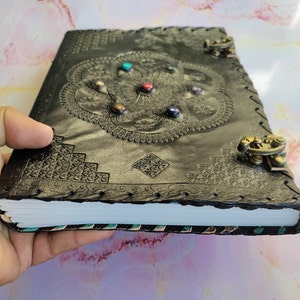 Large Leather Journal with Lock, Embossed Handmade Leather Grimoire Diaries, Spell Book