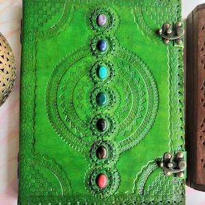 XL Leather Journal, Chakra Journal, Seven Stone Leather Journal Lock, Grimoire Binder