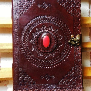 Large Leather Journal with Lock, Leather Grimoire Journal with Stone, Spell Book, Handmade Diaries