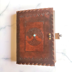 Large Tree Embossed Leather Journal with Stone, Spell Book, Grimoire Journal,  Handmade Sketchbook with Lock