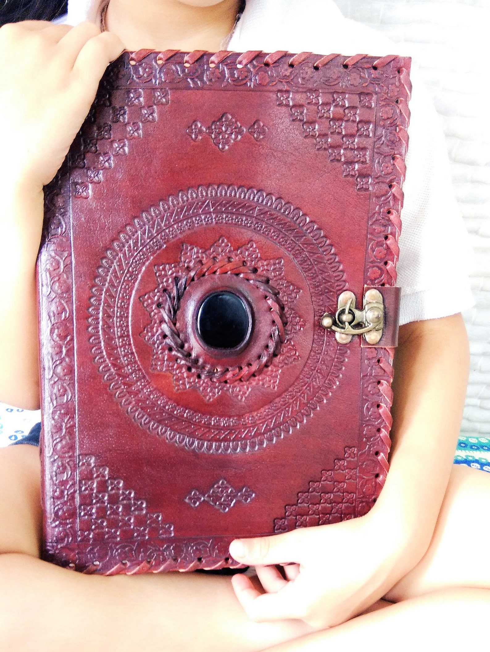 Large Handmade Embossed Leather Journal With Lock Leather Etsy India