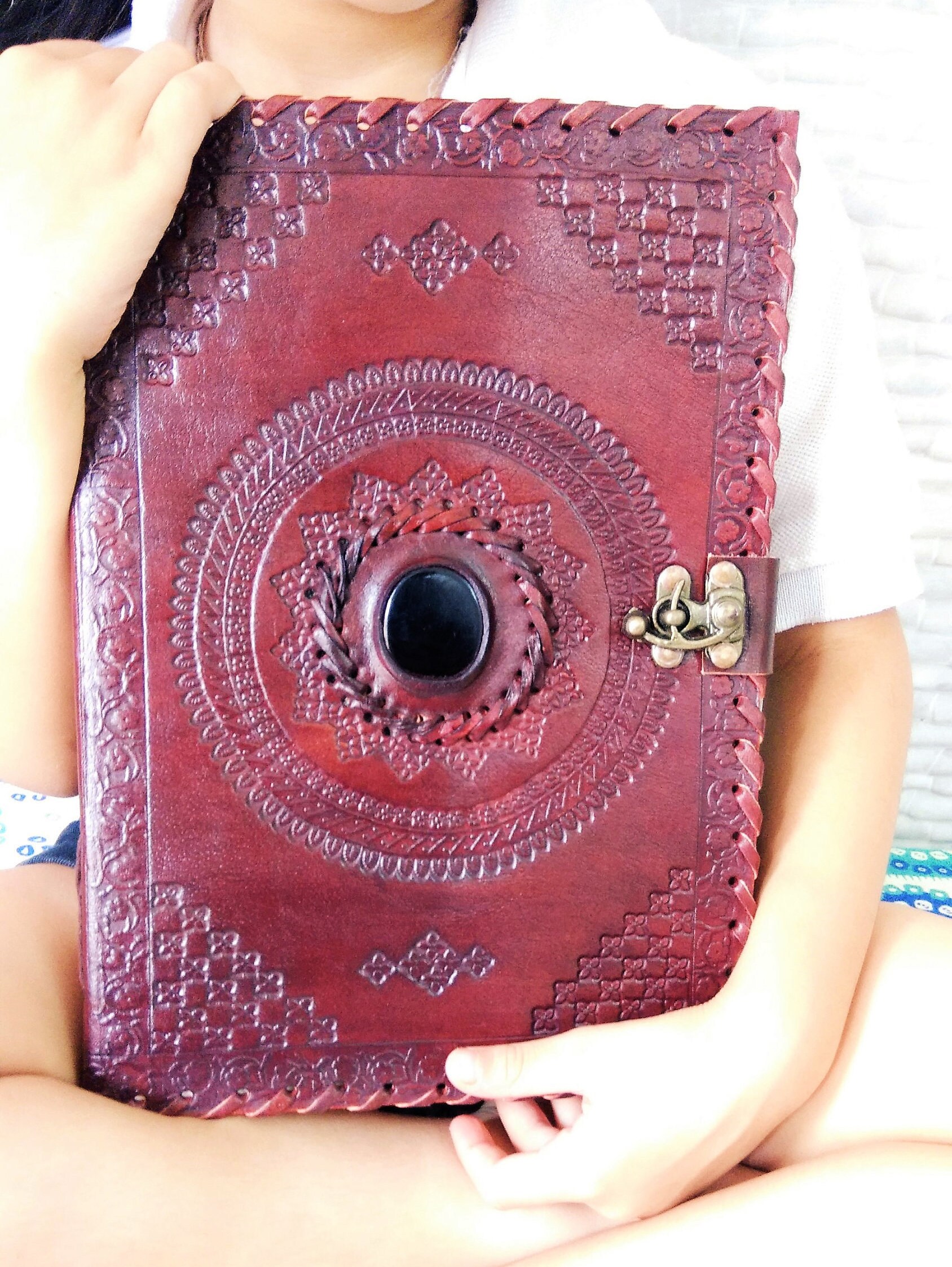 Large Handmade Embossed Leather Journal with Lock Leather Etsy