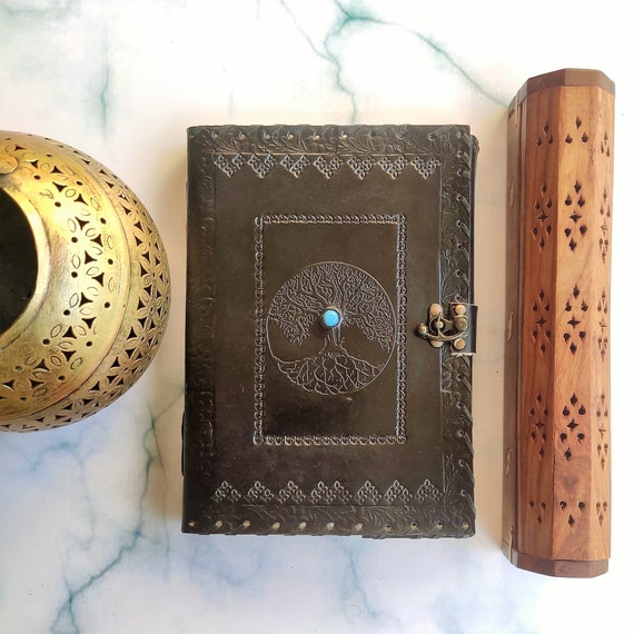 10 Inch Black Leather Journal Tree Of Life, Grimoire Lock, Lined Pages Journal, Blank Journal