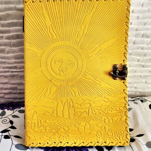 Large Rising Sun Embossed Leather Journal with Lock, Leather Grimoire Journal Notebook