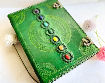 1000 Page Leather Journal with Stone, 13x10 Leather Grimoire Binder with Lock